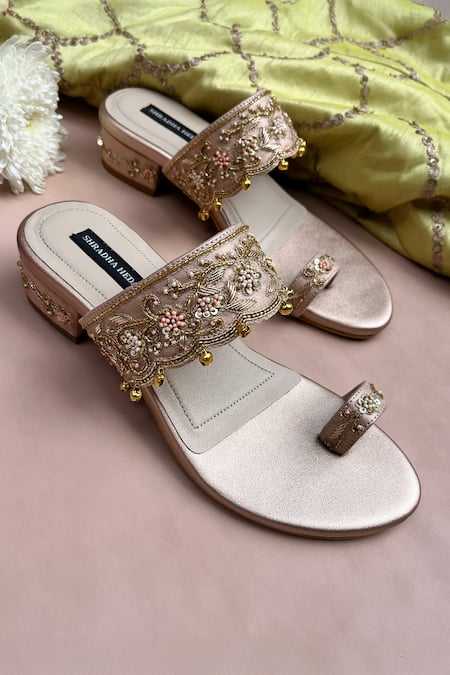 Shradha Hedau Footwear Couture_Peach Beads, Gota Patti, Zari, Embroidery Zardozi Kolhapuri Block Heels _Online_at_Aza_Fashions