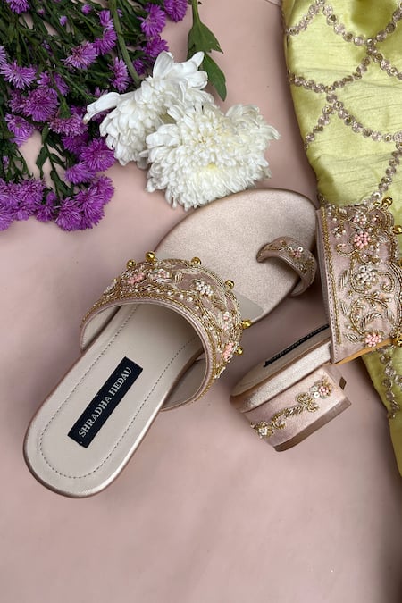 Buy_Shradha Hedau Footwear Couture_Peach Beads, Gota Patti, Zari, Embroidery Zardozi Kolhapuri Block Heels _Online_at_Aza_Fashions
