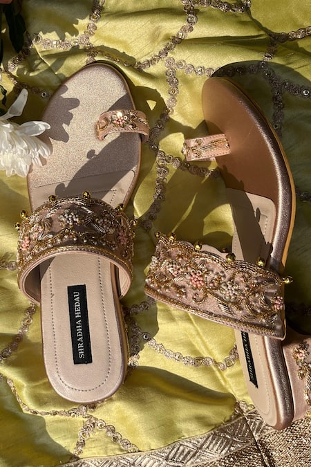 Shop_Shradha Hedau Footwear Couture_Peach Beads, Gota Patti, Zari, Embroidery Zardozi Kolhapuri Block Heels _Online_at_Aza_Fashions