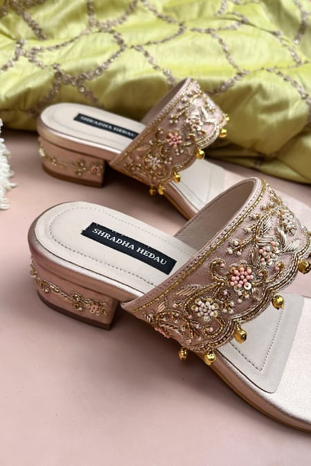 Shradha Hedau Footwear Couture_Peach Beads, Gota Patti, Zari, Embroidery Zardozi Kolhapuri Block Heels _at_Aza_Fashions