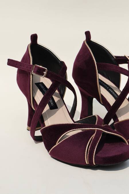 Buy_Shradha Hedau Footwear Couture_Wine Strappy Heels With Golden Edges _Online_at_Aza_Fashions