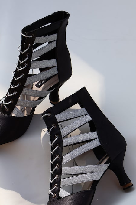 Shradha Hedau Footwear Couture_Black Glitter Sparkle Strap Peep-toe Boots _Online_at_Aza_Fashions