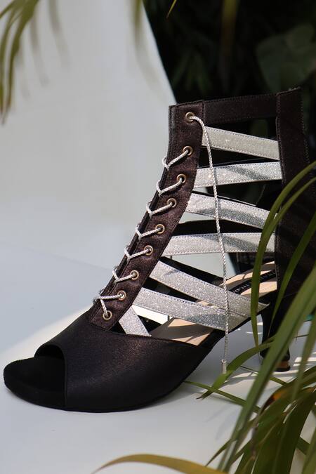 Buy_Shradha Hedau Footwear Couture_Black Glitter Sparkle Strap Peep-toe Boots _Online_at_Aza_Fashions