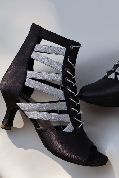 Shop_Shradha Hedau Footwear Couture_Black Glitter Sparkle Strap Peep-toe Boots _Online_at_Aza_Fashions