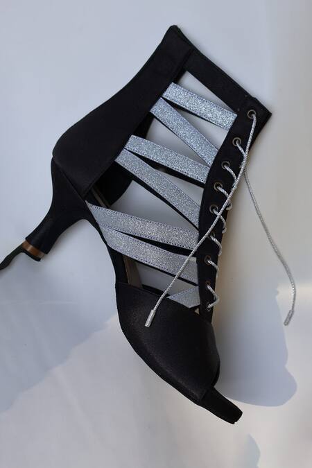 Shradha Hedau Footwear Couture_Black Glitter Sparkle Strap Peep-toe Boots _at_Aza_Fashions