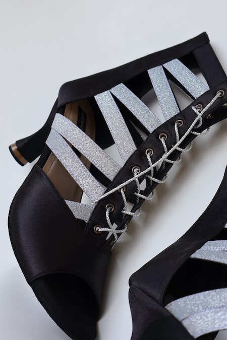 Buy_Shradha Hedau Footwear Couture_Black Glitter Sparkle Strap Peep-toe Boots 