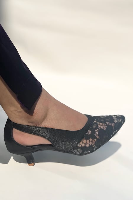 Shop_Shradha Hedau Footwear Couture_Black Lace Embellished Closed Toe Heels _Online_at_Aza_Fashions