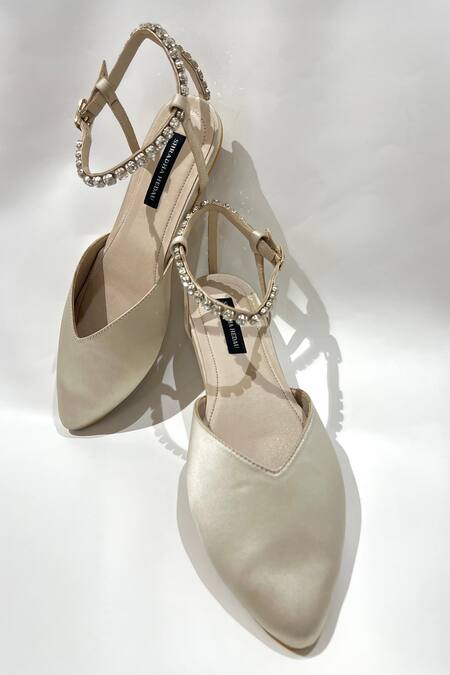 Shradha Hedau Footwear Couture_Gold Crystals Embellished Ankle Strap Flats _Online_at_Aza_Fashions