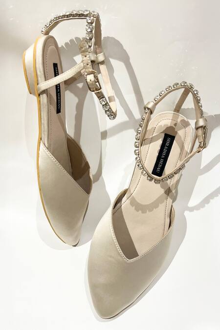 Buy_Shradha Hedau Footwear Couture_Gold Crystals Embellished Ankle Strap Flats _Online_at_Aza_Fashions