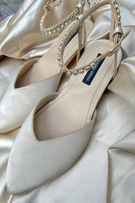 Shop_Shradha Hedau Footwear Couture_Gold Crystals Embellished Ankle Strap Flats _Online_at_Aza_Fashions