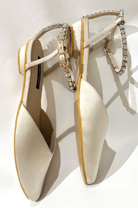 Buy_Shradha Hedau Footwear Couture_Gold Crystals Embellished Ankle Strap Flats 
