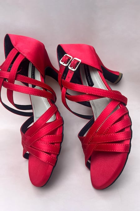 Shop_Shradha Hedau Footwear Couture_Red Strappy Peep Toe Heels _Online_at_Aza_Fashions