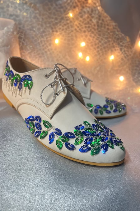 Shop Shradha Hedau Footwear Couture Beige Sequin Embroidered Sneakers at Aza Fashions Shop_Shradha Hedau Footwear Couture_Beige Sequin Embroidered Sneakers _at_Aza_Fashions