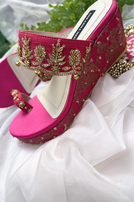 Shradha Hedau Footwear Couture Pink Cut Work, Embroidery Floral Motif Cutdana Wedges Online at Aza Fashions Shradha Hedau Footwear Couture_Pink Cut Work, Embroidery Floral Motif Cutdana Wedges _Online_at_Aza_Fashions