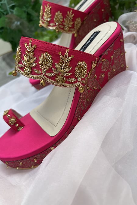 Shop Shradha Hedau Footwear Couture Pink Cut Work, Embroidery Floral Motif Cutdana Wedges Online at Aza Fashions Shop_Shradha Hedau Footwear Couture_Pink Cut Work, Embroidery Floral Motif Cutdana Wedges _Online_at_Aza_Fashions