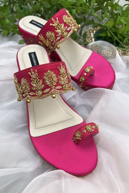 Buy Shradha Hedau Footwear Couture Pink Cut Work, Embroidery Floral Motif Cutdana Wedges Buy_Shradha Hedau Footwear Couture_Pink Cut Work, Embroidery Floral Motif Cutdana Wedges