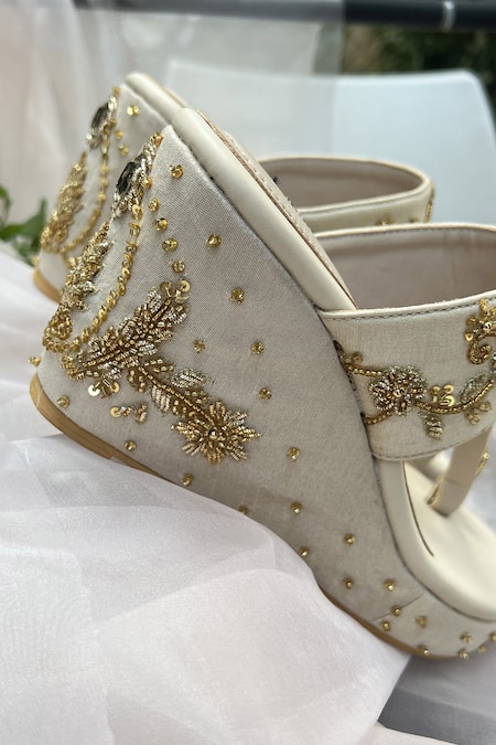 Shradha Hedau Footwear Couture Beige Cutdana Sequin Floral Wedges 