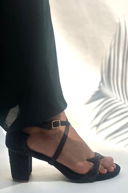 Shop Shradha Hedau Footwear Couture Black Beads Stone Embellished Block Heels Online at Aza Fashions Shop_Shradha Hedau Footwear Couture_Black Beads Stone Embellished Block Heels _Online_at_Aza_Fashions