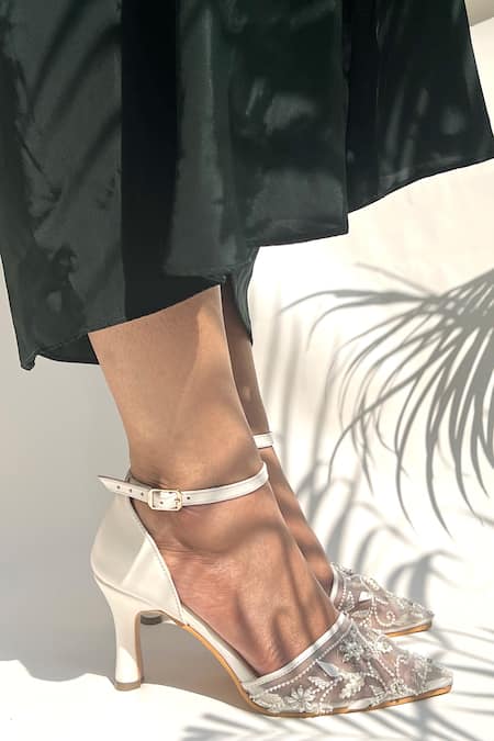 Shop Shradha Hedau Footwear Couture White Pearls, Sequins, Embroidery Heels Online at Aza Fashions Shop_Shradha Hedau Footwear Couture_White Pearls, Sequins, Embroidery Heels _Online_at_Aza_Fashions