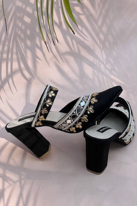 Shradha Hedau Footwear Couture_Black Embroidery Floral And Geometric Closed Heels _at_Aza_Fashions