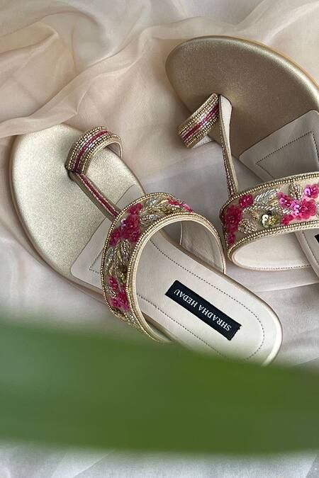 Shradha Hedau Footwear Couture_Gold Cut Work, Sequins, Embroidery Floral Block Heels _Online_at_Aza_Fashions