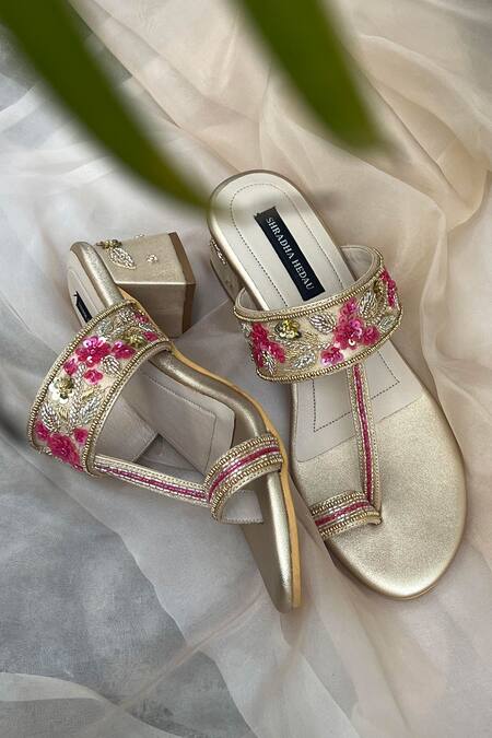 Shop_Shradha Hedau Footwear Couture_Gold Cut Work, Sequins, Embroidery Floral Block Heels _Online_at_Aza_Fashions