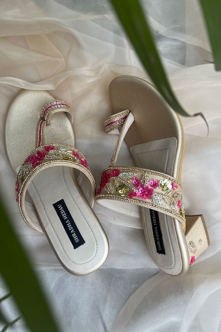 Shradha Hedau Footwear Couture_Gold Cut Work, Sequins, Embroidery Floral Block Heels _at_Aza_Fashions