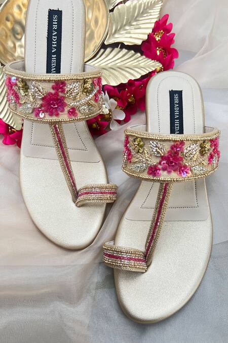 Buy_Shradha Hedau Footwear Couture_Gold Cut Work, Sequins, Embroidery Floral Block Heels 