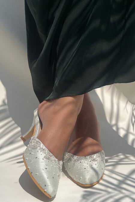 Buy_Shradha Hedau Footwear Couture_Green Pearls, Embroidery Mint Heels _Online_at_Aza_Fashions