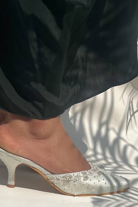 Shop_Shradha Hedau Footwear Couture_Green Pearls, Embroidery Mint Heels _Online_at_Aza_Fashions