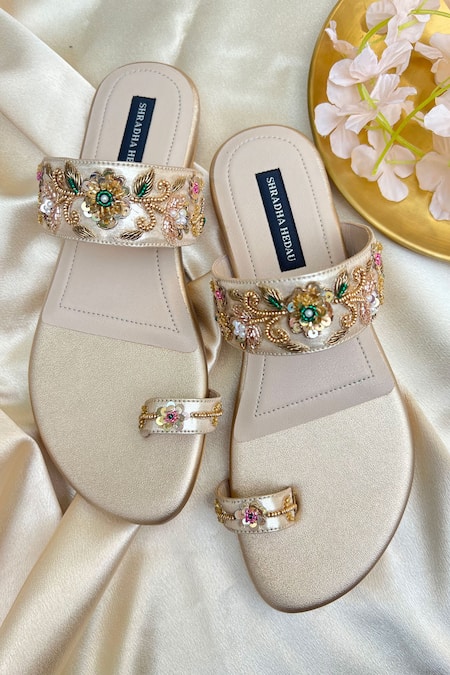 Buy_Shradha Hedau Footwear Couture_Gold Sequins, Beads Floral Vine Embroidered Kolhapuri Flats _Online_at_Aza_Fashions