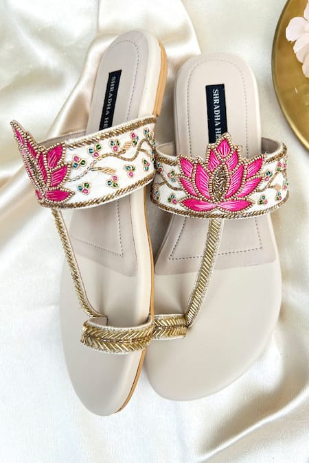 Shop Shradha Hedau Footwear Couture Beige Floral Motif Sequin Kolhapuri Flats at Aza Fashions Shop_Shradha Hedau Footwear Couture_Beige Floral Motif Sequin Kolhapuri Flats _at_Aza_Fashions