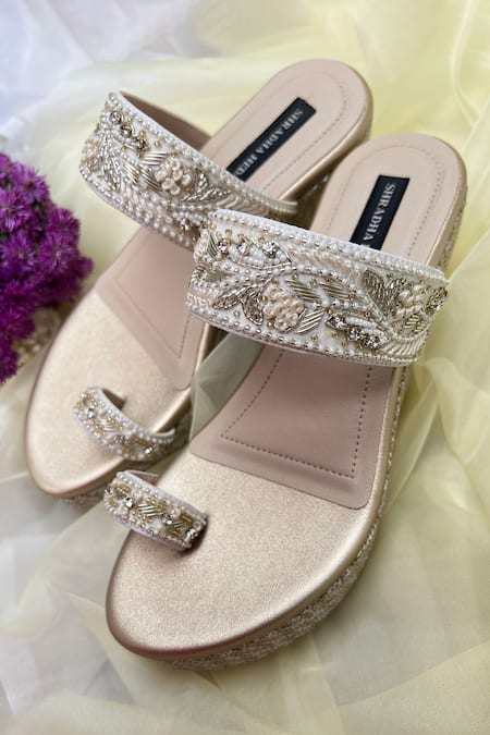 Shradha Hedau Footwear Couture_Gold Embroidery Floral Motif Wedges _Online_at_Aza_Fashions