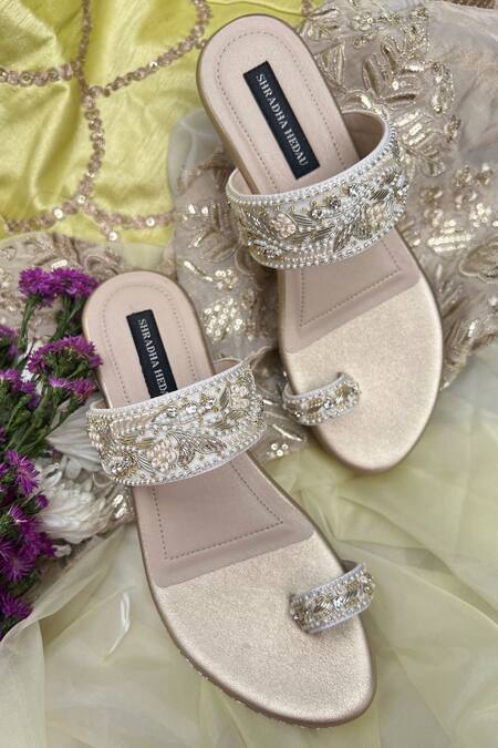 Buy_Shradha Hedau Footwear Couture_Gold Embroidery Floral Motif Wedges _Online_at_Aza_Fashions