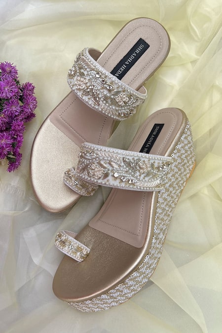Shop_Shradha Hedau Footwear Couture_Gold Embroidery Floral Motif Wedges _Online_at_Aza_Fashions