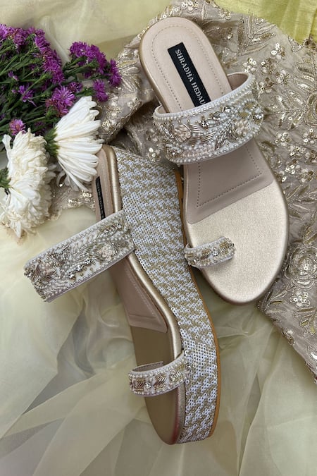 Shradha Hedau Footwear Couture_Gold Embroidery Floral Motif Wedges _at_Aza_Fashions