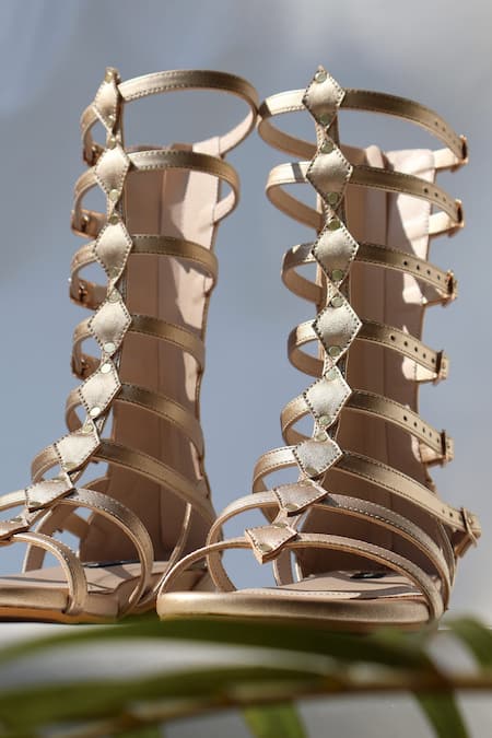 Shop_Shradha Hedau Footwear Couture_Gold Studs Gladiator Flats _Online_at_Aza_Fashions