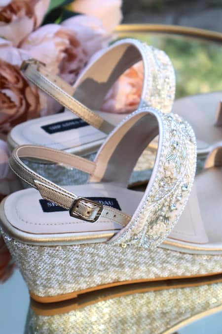 Buy_Shradha Hedau Footwear Couture_Gold Cut Work, Embroidery, Beads Strap Sandal Wedges _Online_at_Aza_Fashions