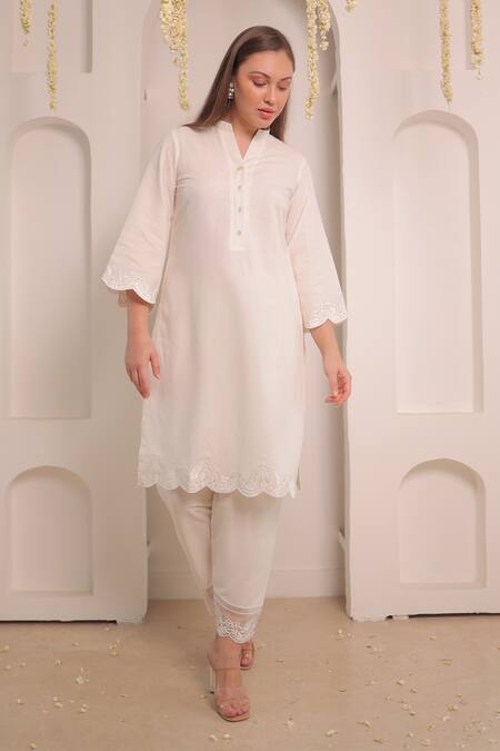 Shop Kaika White Linen, Organza Embroidery Mandarin Collar Scallop Cutwork Kurta Set at Aza Fashions Shop_Kaika_White Linen, Organza Embroidery Mandarin Collar Scallop Cutwork Kurta Set_at_Aza_Fashions