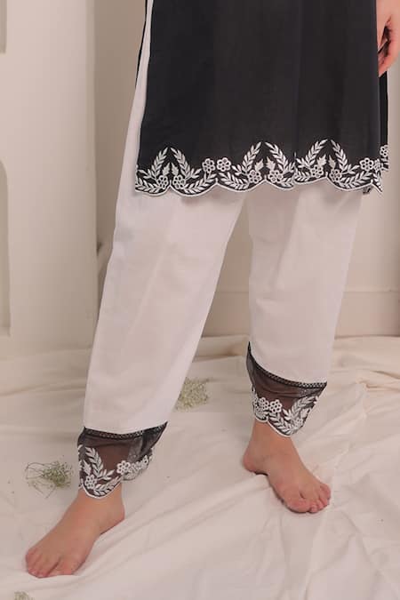 Kaika_Black Linen, Organza Embroidery Mandarin Collar Thread Kurta Set_Online_at_Aza_Fashions