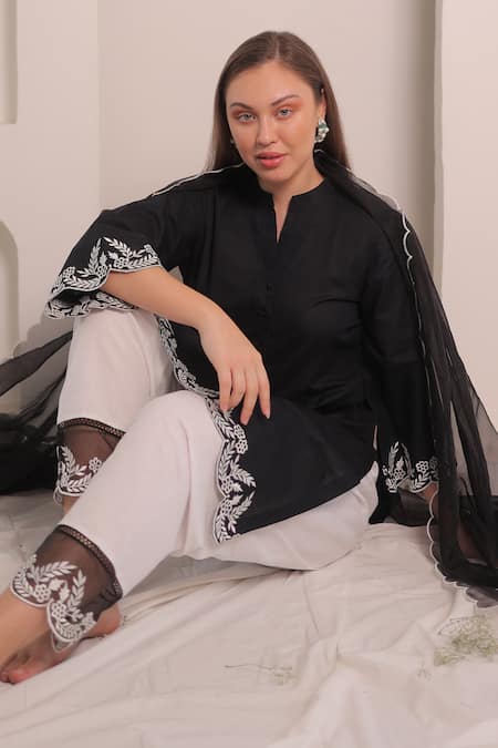 Shop_Kaika_Black Linen, Organza Embroidery Mandarin Collar Thread Kurta Set_Online_at_Aza_Fashions