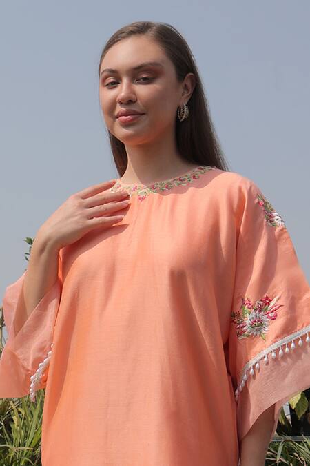 Kaika_Peach Chanderi Pearls, Beads Round Neck Embroidered Kurta And Pant Set_Online_at_Aza_Fashions