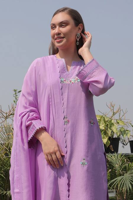 Kaika Purple Chanderi, Organza Sequins, Lace, Embroidery Split Lilac Floral Kurta Set Online at Aza Fashions Kaika_Purple Chanderi, Organza Sequins, Lace, Embroidery Split Lilac Floral Kurta Set_Online_at_Aza_Fashions