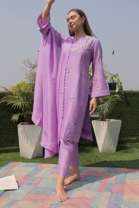 Shop Kaika Purple Chanderi, Organza Sequins, Lace, Embroidery Split Lilac Floral Kurta Set at Aza Fashions Shop_Kaika_Purple Chanderi, Organza Sequins, Lace, Embroidery Split Lilac Floral Kurta Set_at_Aza_Fashions