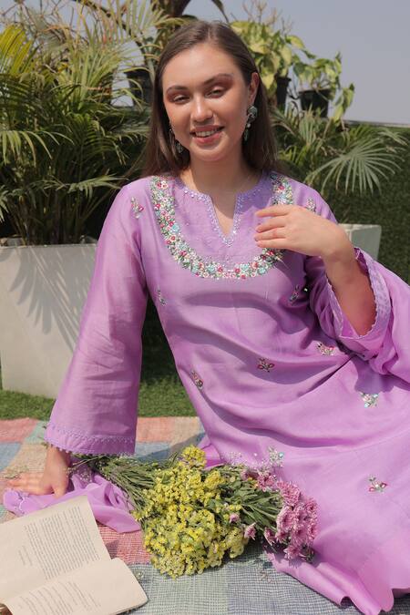 Buy Kaika Purple Chanderi, Organza Sequins, Lace, Embroidery Split Lilac Floral Kurta Set Online at Aza Fashions Buy_Kaika_Purple Chanderi, Organza Sequins, Lace, Embroidery Split Lilac Floral Kurta Set_Online_at_Aza_Fashions