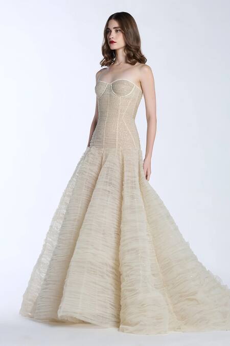 Gauri & Nainika Gold Net Sequins Off-shoulder, Sweetheart Neck Champagne Corset Gown Online at Aza Fashions Gauri & Nainika_Gold Net Sequins Off-shoulder, Sweetheart Neck Champagne Corset Gown _Online_at_Aza_Fashions