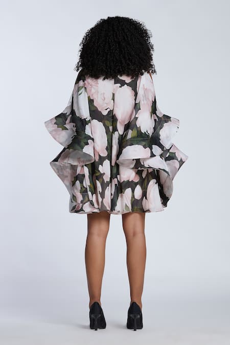 Shop_Gauri & Nainika_Black Chiffon Embroidery Boat Neck Bloom Print Ruffled Dress _at_Aza_Fashions