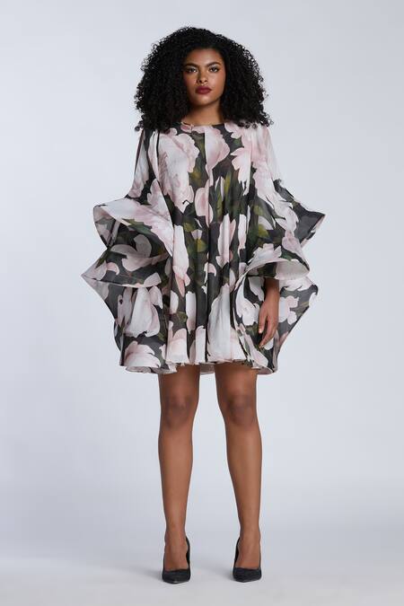 Buy_Gauri & Nainika_Black Chiffon Embroidery Boat Neck Bloom Print Ruffled Dress _Online_at_Aza_Fashions