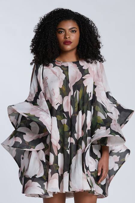 Shop_Gauri & Nainika_Black Chiffon Embroidery Boat Neck Bloom Print Ruffled Dress _Online_at_Aza_Fashions