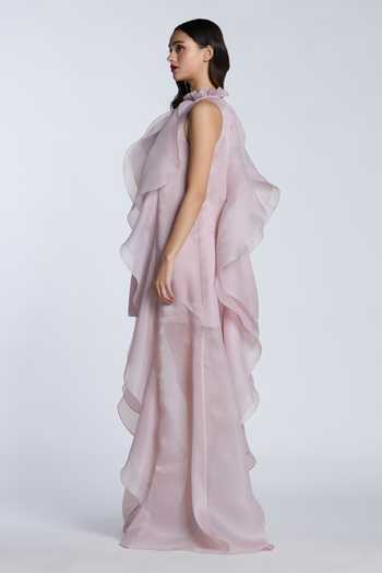 Gauri & Nainika_Pink Organza Halter Neck Oyster Ruffled High Low Shift Dress _Online_at_Aza_Fashions